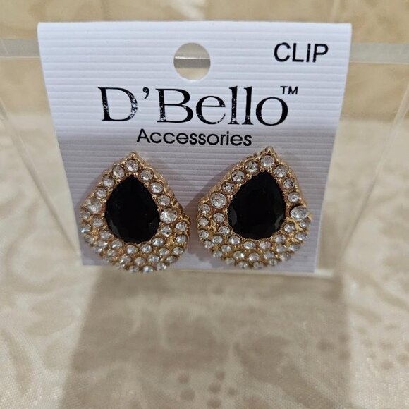 Vintage 80s Art Deco Gold Tear Drop Black Stone w Rhinestones Clip-On Earrings - Picture 2 of 3